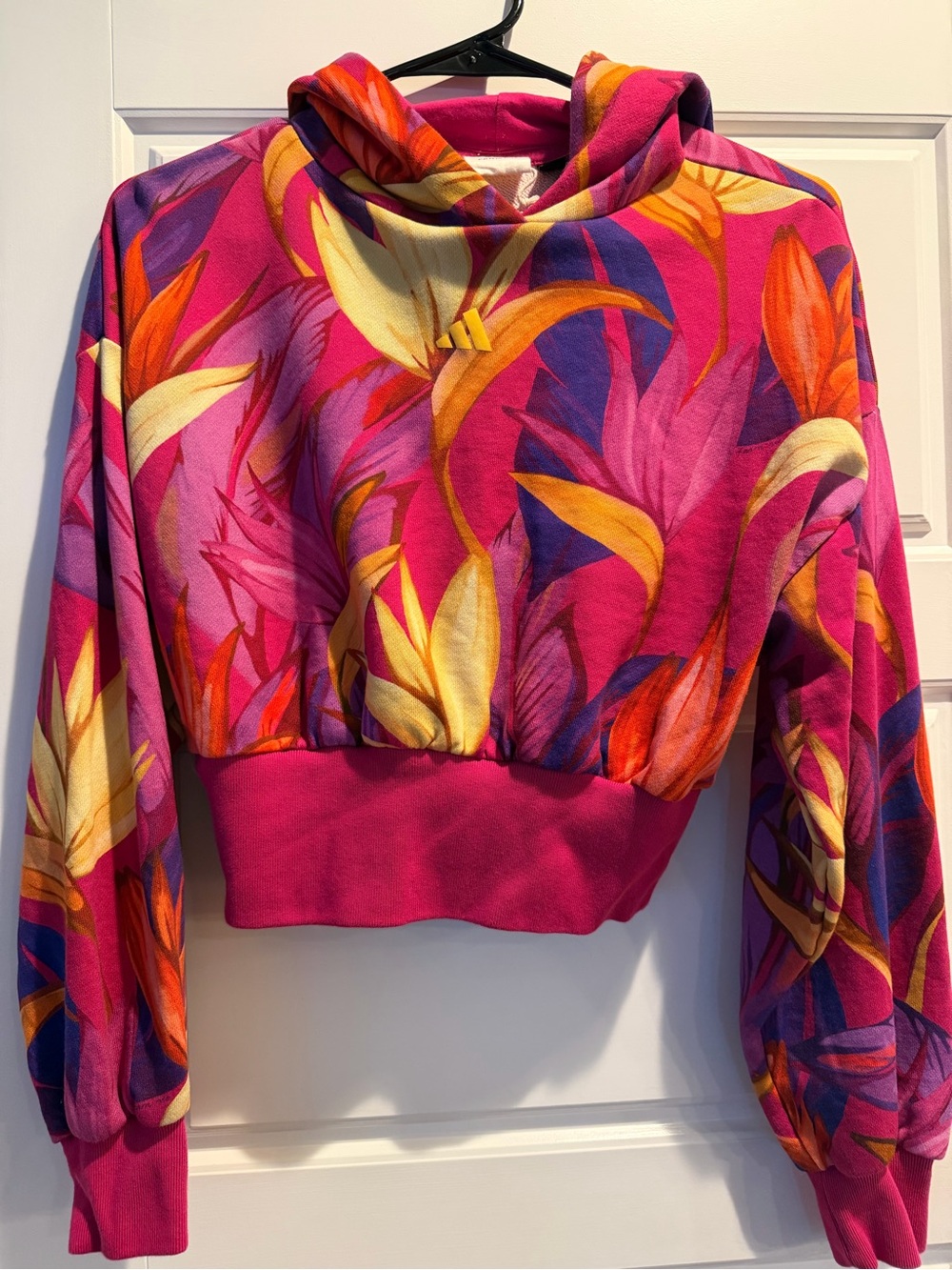 Farm Rio Addidas Cropped Floral-Print Hoodie in Hot Pink and Multicolor-Small
